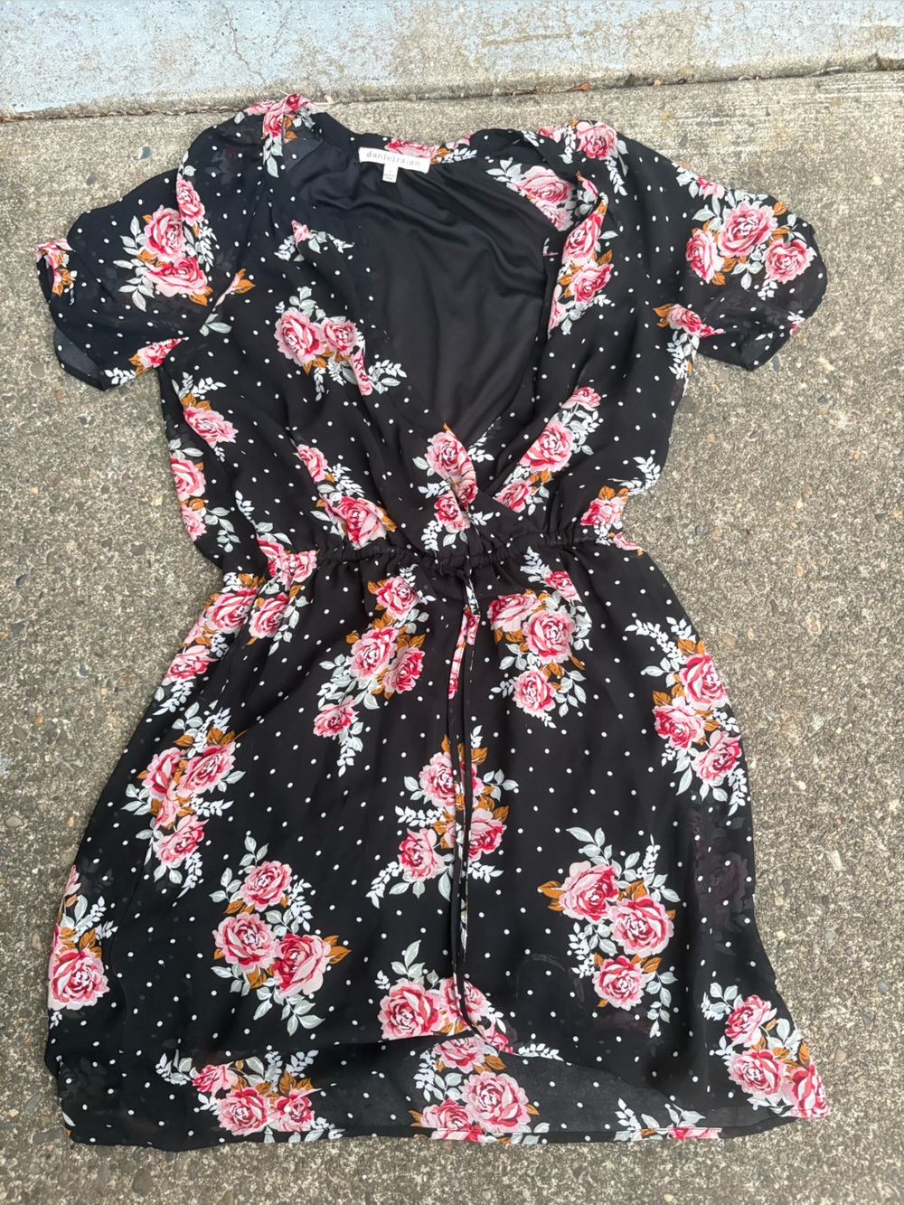Daniel Rainn Black Floral Tie-Waist mini dress with Pink Roses